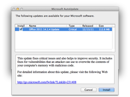 Microsoft Autoupdate showing Office updates